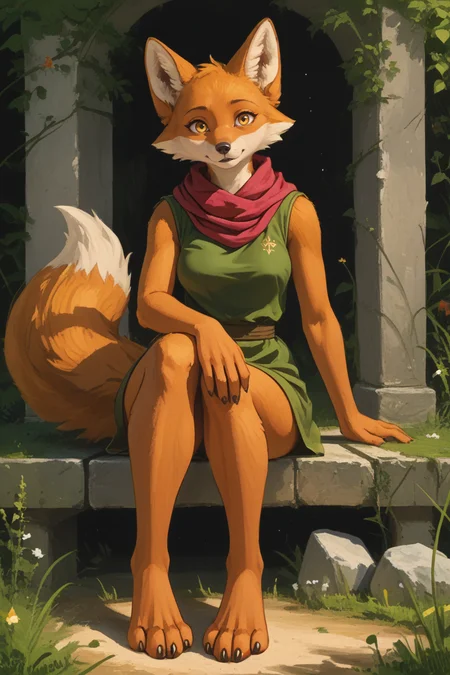 score_9,score_8_up,score_7_up,rating_safe,from behind,looking at viewer,forshotening,cute,short stature,
1girl,fox girl,ruin seeker,solo,canid,yellow eyes,gold eyes,fox,anthro,breasts,orange body,dipstick tail,orange fur,brown feet,tail,tail markings,markings,green clothes,tunic,sleeveless,red scarf,miniskirt,short skirt,gold sparkle,
hand on own knee,squattin,
expressiveh,painterly,faux traditional media,
<lora:Expressive_H-000001:0.5>,<lora:incase_2024_style_v2:0.5>,<lora:VGC_TUNIC_XL:0.8>,<lora:Faux Oil Painting Style LoRA_Pony XL v6:0.4>,<lora:Zootopia_style:0.4>,