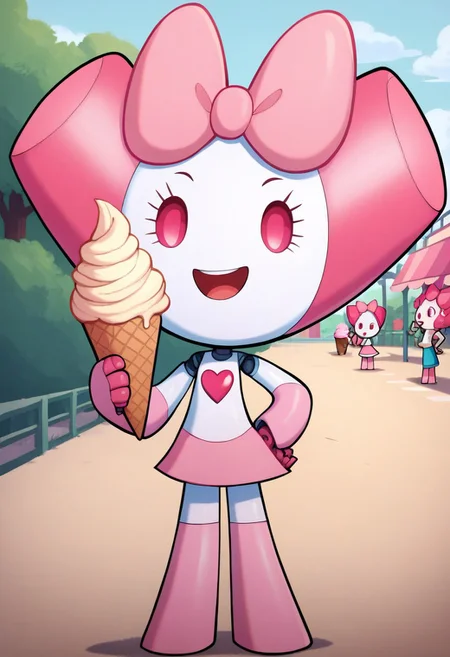 score_9, score_8_up, score_7_up, score_6_up, score_5_up, score_4_up, RobotGirlBase, solo, solo focus, female focus, 1girl, robot, robot girl, standing, full body, outdoors, park, pink eyes, pink skirt, pink bow, smile, open mouth, looking at viewer, hand on hip, holding, holding ice cream cone, ice cream cone, strawberry ice cream, ice cream cart