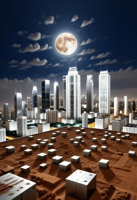 night, dark blue sky with blurry white clouds, full moon, black rectangular skyscrapers with small windows in which white light is visible, metal superstructures are visible at the tops of skyscrapers, brown cubes and a few gray cubes are visible at the base of skyscrapers, the earth is brown mud or clay