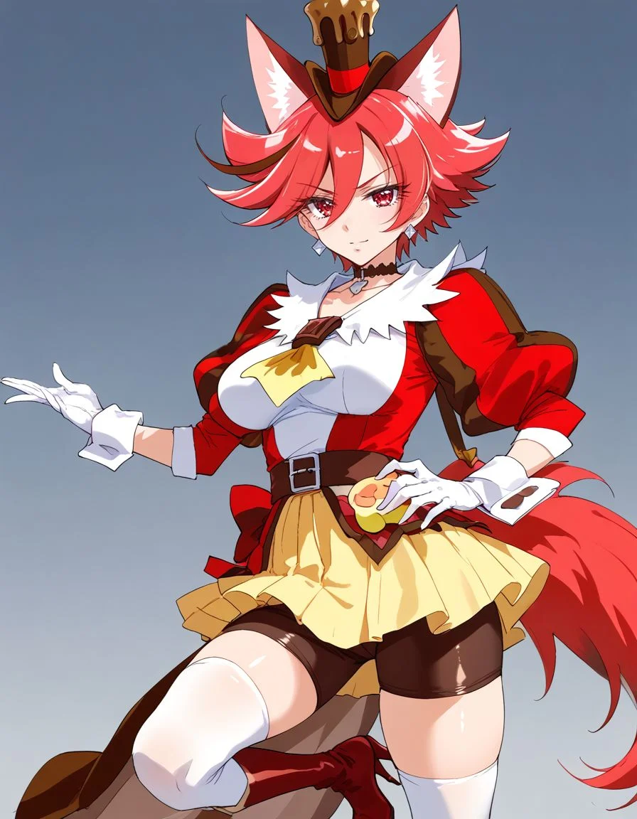score_9, score_8_up, score_7_up, <lora:sdxl_lightning_8step_lora:1> BREAK
source_anime, best quality, masterpiece,rating_safe <lora:Copics_v2:0.3:lbw=1,1,1,0,0,0,1,1,1,1,1,1> BREAK ,
1girl,solo, BREAK ,
<lora:curechoco_nrm_pony:0.9:lbw=1,1,1,1,1,1,1,1,1,0,0,0> curechoco_nrm, cure chocolat, cure chocola, red eyes, red hair, short hair, spiky hair, dog ears, fluffy ears, extra ears, silver earring, choker, hat, (tomboy:1.2),
red dress, white dress, multicolored dress, puffy sleeves, puffy long sleeves, juliet sleeves, red ribbon, yellow ascot, yellow skirt, bike shorts, red bike shorts, white thigh highs, wrist cuffs, white gloves,
red footwear, high heels, high heeled boots, slender, skinny, narrow waist, small waist,,hand on hip, big breasts,
looking at viewer, standing, simple background,