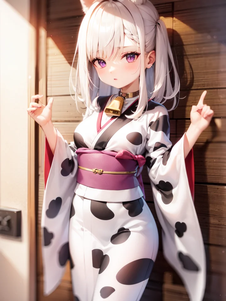 white hair, purple eyes, (cow print:1.0), print kimono, medium breasts, cowbell, white kimono,