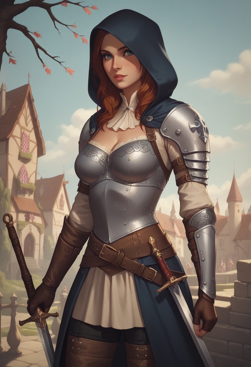 8k resolution, score_9, score_8_up, score_7_up, 22 years, Expressiveh, medieval fantasy, single a sexy brown hair blue eyes girl, big perfect breasts, perfect face, long and hourglass body, detailed eyes, semi realistic, girl heavy armor, sheathed sword, standing, medieval fantasy castle armory, hood down, leather pants