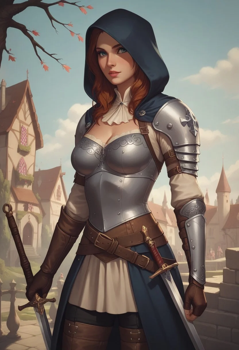 8k resolution, score_9, score_8_up, score_7_up, 22 years, Expressiveh, medieval fantasy, single a sexy brown hair blue eyes girl, big perfect breasts, perfect face, long and hourglass body, detailed eyes, semi realistic, girl heavy armor, sheathed sword, standing, medieval fantasy castle armory, hood down, leather pants
