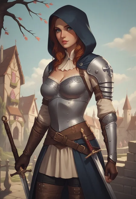 8k resolution, score_9, score_8_up, score_7_up, 22 years, Expressiveh, medieval fantasy, single a sexy brown hair blue eyes girl, big perfect breasts, perfect face, long and hourglass body, detailed eyes, semi realistic, girl heavy armor, sheathed sword, standing, medieval fantasy castle armory, hood down, leather pants