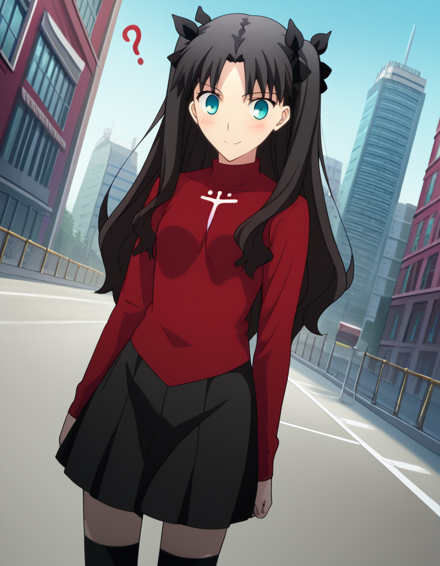 score_9, score_8_up, score_7_up, source_anime, rintohsaka, <lora:rin-tohsaka-ubw-ponyxl-lora-nochekaiser:1>, rin tohsaka, aqua eyes, black hair, hair ribbon, long hair, ribbon, sidelocks, two side up, parted bangs,, <lora:rin-tohsaka-cosplay-ponyxl-lora-nochekaiser:1>, rintohsakacosplay, tohsaka rin \(cosplay\), black skirt, black thighhighs, long sleeves, miniskirt, pleated skirt, red sweater, skirt, sweater, thighhighs, turtleneck,, cityscape, street, smile, blush,, cowboy shot, dutch angle, solo, ?