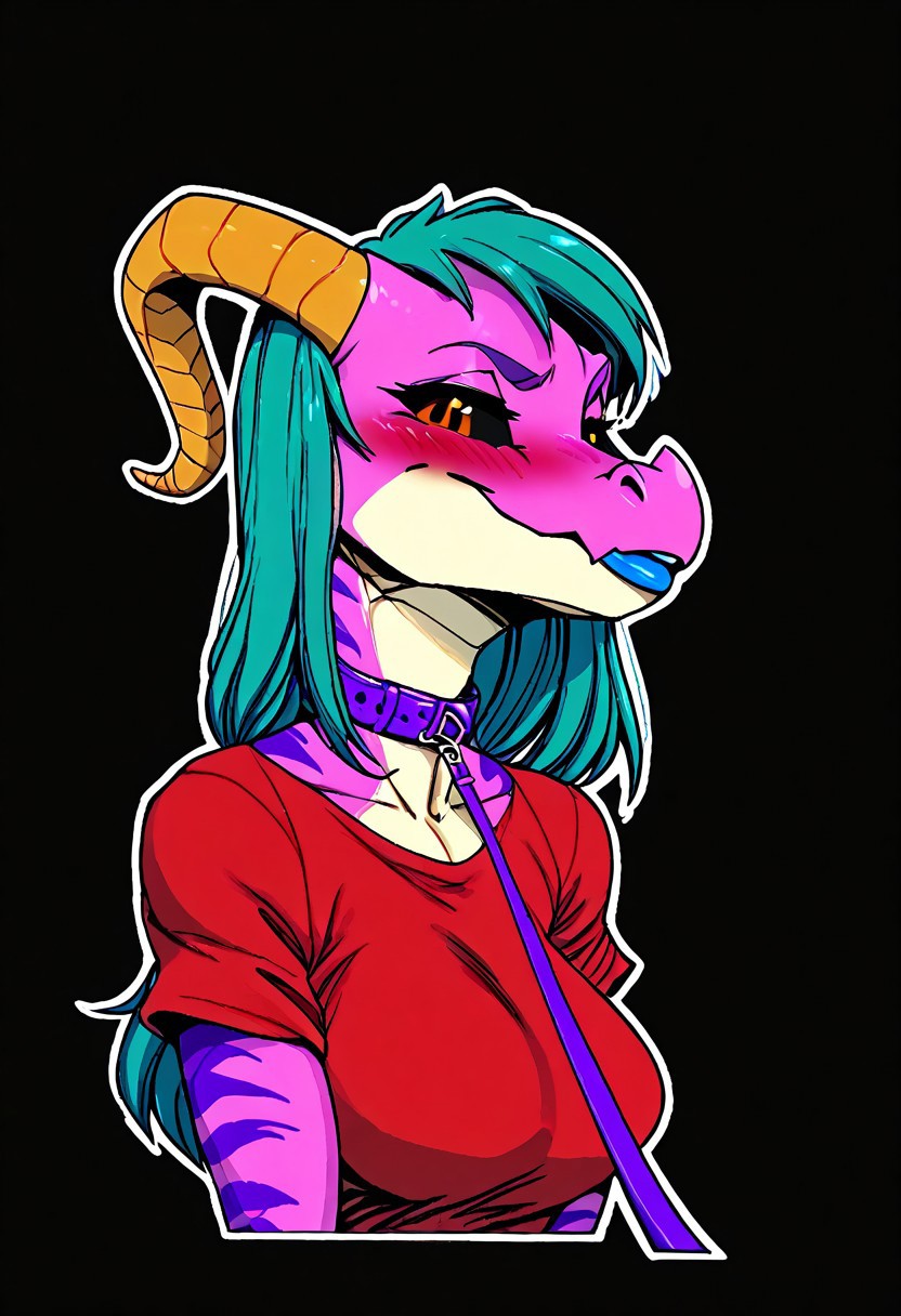 a furry sticker of, white outline:1.4, simple background, by incase, score_9, score_8_up, score_7_up, score_6_up, score_5_up, best quality, highly detailed, intricate details, extremely detailed, masterpiece, 4k, fine details, subtle soft details, futanari, ((Kobold)), ((pink scales:1.4)), split complimentary color scheme, ((purple stripes)), ((black sclera)), ((glowing orange eyes, orange iris, black pupils, split pupils)), (long eastern dragon tail), ((brown ram horns)), ((long teal hair:1.4)), ((purple slave collar)), ((black lipstick)), black eyeliner, plump, cute, medium breasts, cleavage, curvy, red long gloves, large iris, smiling, 1girl, solo, solid bright green background, looking at viewer, (bust shot), red tshirt, red t-shirt, side view, eyes partially closed, deep blush, embarrassed, light blue tongue, half closed eyes, emote, viewer on leash, l3ashed, leash pull
