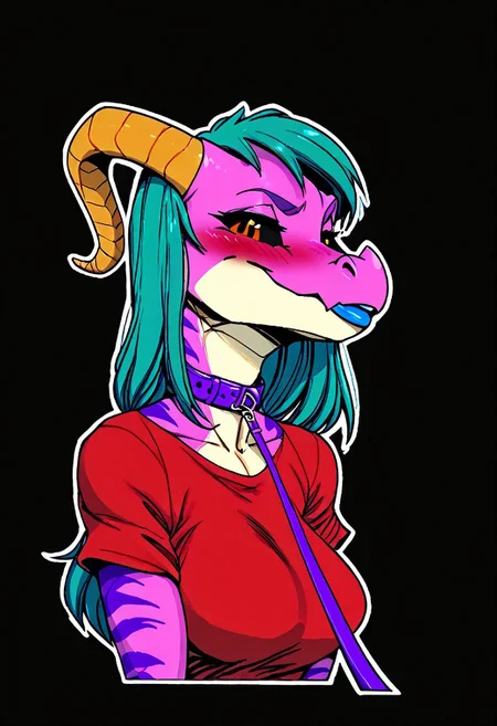 a furry sticker of, white outline:1.4, simple background, by incase, score_9, score_8_up, score_7_up, score_6_up, score_5_up, best quality, highly detailed, intricate details, extremely detailed, masterpiece, 4k, fine details, subtle soft details, futanari, ((Kobold)), ((pink scales:1.4)), split complimentary color scheme, ((purple stripes)), ((black sclera)), ((glowing orange eyes, orange iris, black pupils, split pupils)), (long eastern dragon tail), ((brown ram horns)), ((long teal hair:1.4)), ((purple slave collar)), ((black lipstick)), black eyeliner, plump, cute, medium breasts, cleavage, curvy, red long gloves, large iris, smiling, 1girl, solo, solid bright green background, looking at viewer, (bust shot), red tshirt, red t-shirt, side view, eyes partially closed, deep blush, embarrassed, light blue tongue, half closed eyes, emote, viewer on leash, l3ashed, leash pull