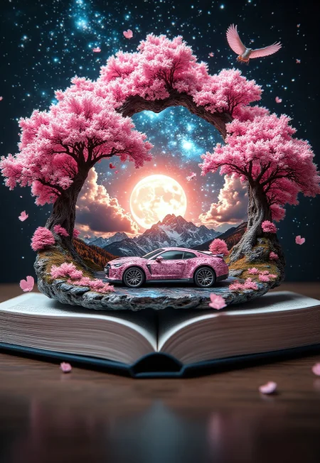 from a book with open pages a fantastical scene emerges. professional photography of an fantastical (sportscar:1.2) with whimsical elements, eerie fairytale landscape, elaborate fantasy style art, very colorful, intricate details, ultra sharp, exquisite detail, flawless composition, vivid colors, masterpiece, exciting background, black and pink theme <lora:Worlds_in_Books_FLUX_Ethanar:0.85>