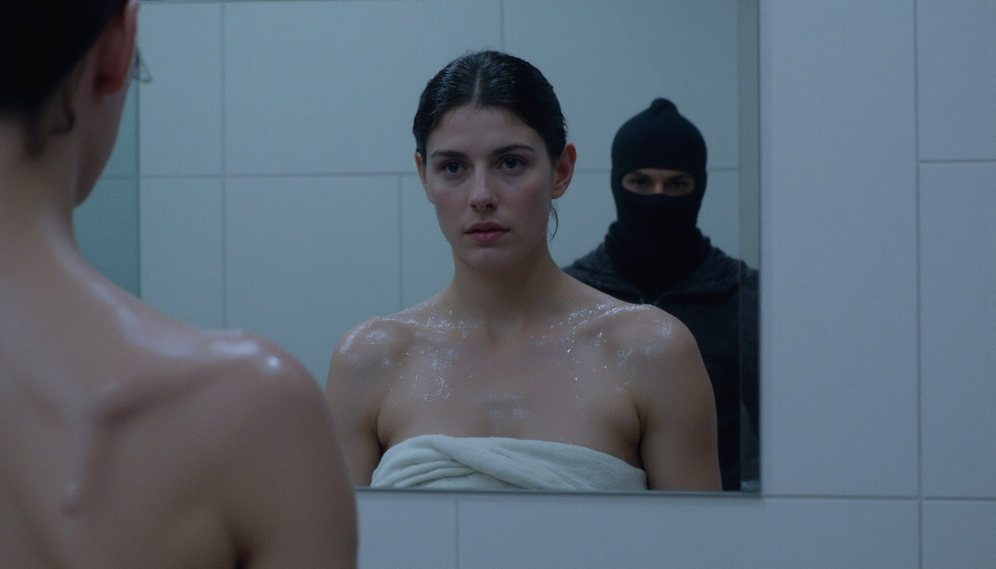 cinematic shot of a modern bathroom mirror on a wall with white tiles. Very fogged and clouded with condensation. The reflection shows a young woman, wearing a towel wrapped around her body, wet skin and wet dark hair, water drops on skin. Behind her in the mirror, there is a man with a balaclava and a dark sweater. The woman is in focus, the man very blurred out of focus, shallow depth of field. Cold artificial light at night. High resolution. 2000s movie <lora:dark_cinematic-000080:1>
