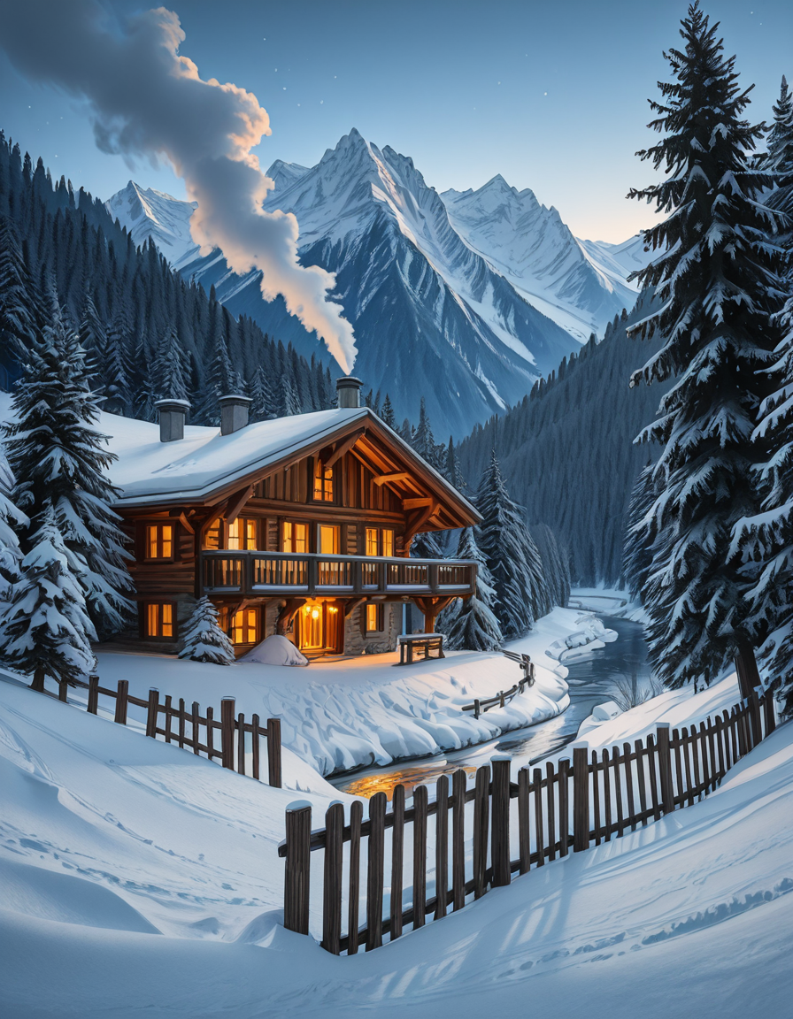 A stunning winter scene in the Tyrol region of Austria. A charming wooden chalet with traditional alpine architecture stands on a gentle snow-covered slope, surrounded by dense evergreen forests blanketed in fresh snow. The chaletâs warm interior lights glow softly through its large windows, creating a cozy contrast against the cool twilight hues of the sky. A plume of smoke drifts from the chimney, hinting at a roaring fireplace inside. In the foreground, a small wooden fence is partially buried under the snow, while a frozen river winds through the valley, reflecting the moonlight. Towering, snow-capped peaks of the Austrian Alps dominate the background, adding a breathtaking sense of grandeur. Snowflakes gently fall, adding movement and depth to the peaceful, picturesque scene. The image is hyper-realistic, capturing the intricate textures of the wood, snow, and ice, with cinematic lighting that highlights the magical winter ambiance.
<lora:SDXLFaeTastic2400:0.4> <lora:extremely_detailed:0.4> extremely detailed,winter scene in the Tyr0l, <lora:winter_scene_in_the_Tyr0l-i:1>, Masterpiece,best quality,hi res,8k,hi res,8k,award winning,(sharp focus, intricate, highly detailed),