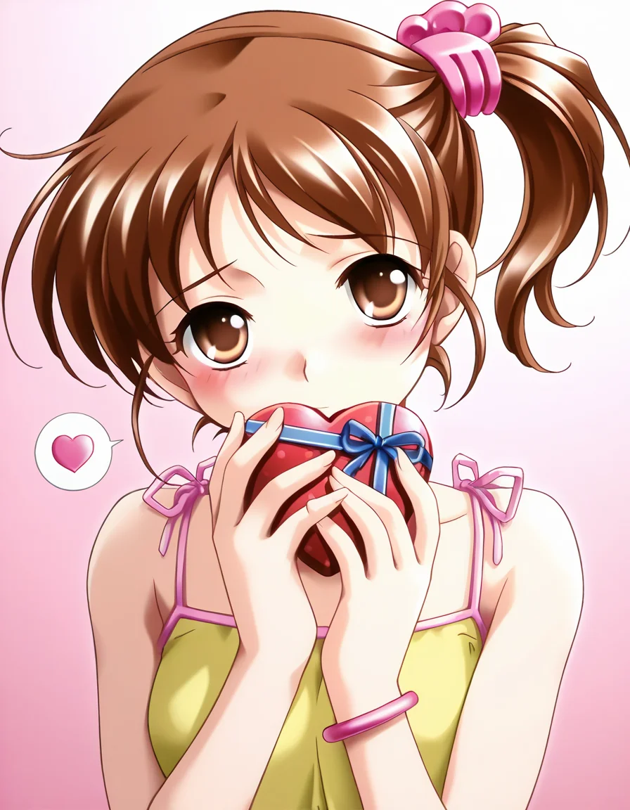 masterpiece, best quality, amazing quality, very aesthetic, official art, absurdres, ultra detailed, game cg,
1girl, solo, okamoto_yuuri, brown hair, brown eyes, side ponytail, short hair BREAK
yellow camisole, bracelet, blue shorts, lovestruck, blush, head tilt, looking at viewer, spoken heart, standing, holding heart gift, hand over own mouth, gradient background, pink background, front view, upper body, ultra detailed, best hands <lora:okamoto yuuri v1.0-000014:1>