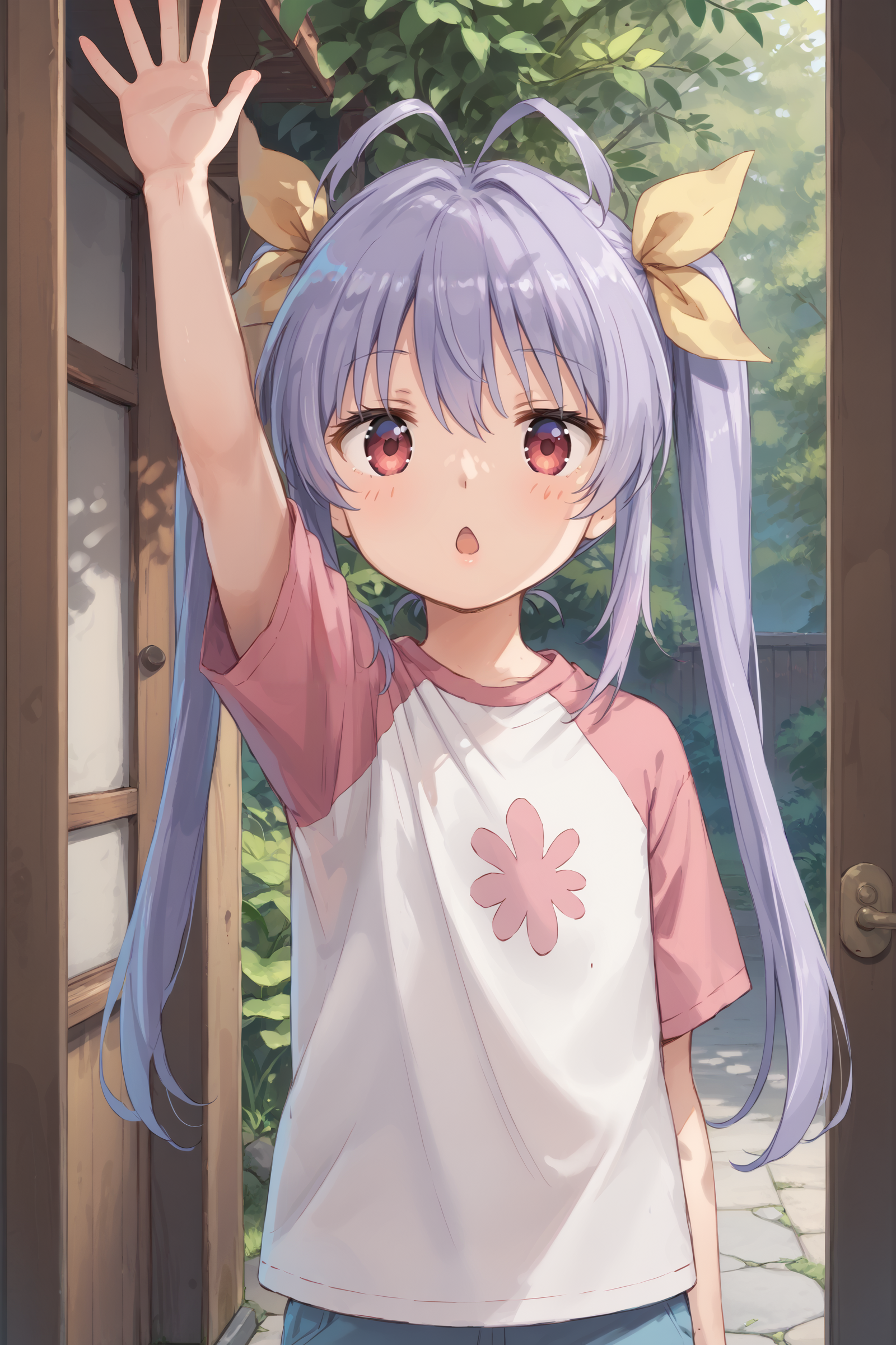 score_9, score_8_up, score_7_up, BREAK
1girl, miyauchi renge, hair ribbon, shirt, short sleeves, arm up, open mouth, triangle mouth, upper body, BREAK
outdoors, nature, shouji, sliding doors, BREAK
<lora:add-detail-xl:1>, <lora:PerfectEyesXL:0.3>, <lora:CinematicStyle_v1:0.5>, <lora:t0nym0r3XLP:0.7>, <lora:Renge_pdxl_v1.0:0.85>