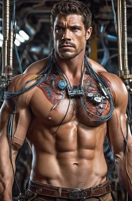 (((Perfect Face)))((cowboy shot)), (((masterpiece))), (((best quality))), ((ultra-detailed)), (highly detailed CG illustration), ((an extremely musculine and handsome)), cinematic light,(((1mechanical Ape))),solo,((upper torso masculine flesh hanging by wires)),((Hanging by wires and tubes)), (machine made joints:1.2),((mechanical limbs)),(blood vessels connected to tubes),(mechanical vertebra attaching to back),((mechanical cervial attaching to neck)), ((realistic hair)), (standing), (wires and cables attaching to neck:1.2),(wires and cables on head:1.2),(character focus),science fiction, extreme detailed, colorful, highest detailed, trousers, Greek Male, Sexy Muscular,Game of Thrones,male,Movie Still,