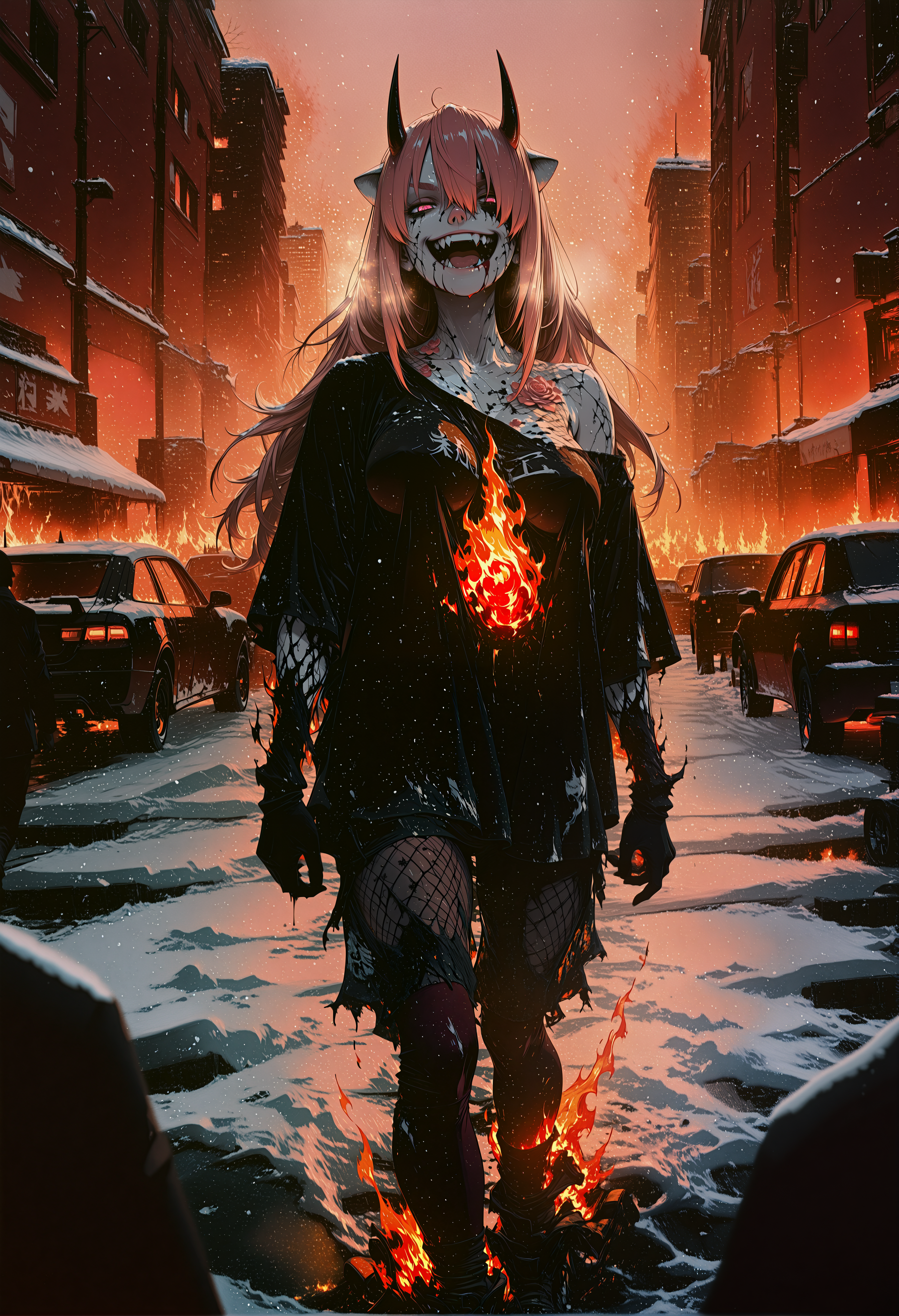 rating_explicit, nsfw, masterpiece, best quality, amazing quality, breathtaking attention to detail, 8K, absurdres, highres, ultra detail, high contrast, letitbrn, shindol, S4bit4mago_illu, re4lity_sync_illu, aidmaMJ6.1, Sinozick_illu,gradient,spot color, BREAK, 1girl, kaede, long hair, pink hair, horns, pink eyes, hair over one eye, mature female, breasts, shadows, twilight, snow, blood, light red background, drill_hair, Split dyed hair, looking at viewer, thick eyebrows, floral tattoo, pantyhose, socks pale skin, marble skin, disintegration skin, amputee, (solo:1.6), ornate print, spandex printed jumper shirt, mesh Feathered Wrap pants, baggy clothes, oversized clothes, off shoulder, laughing, outdoors, street, city, towers, letitbrn, cars, (people burning), flame sparkles, flame particles, dynamic pose, glowing runes, burning, 