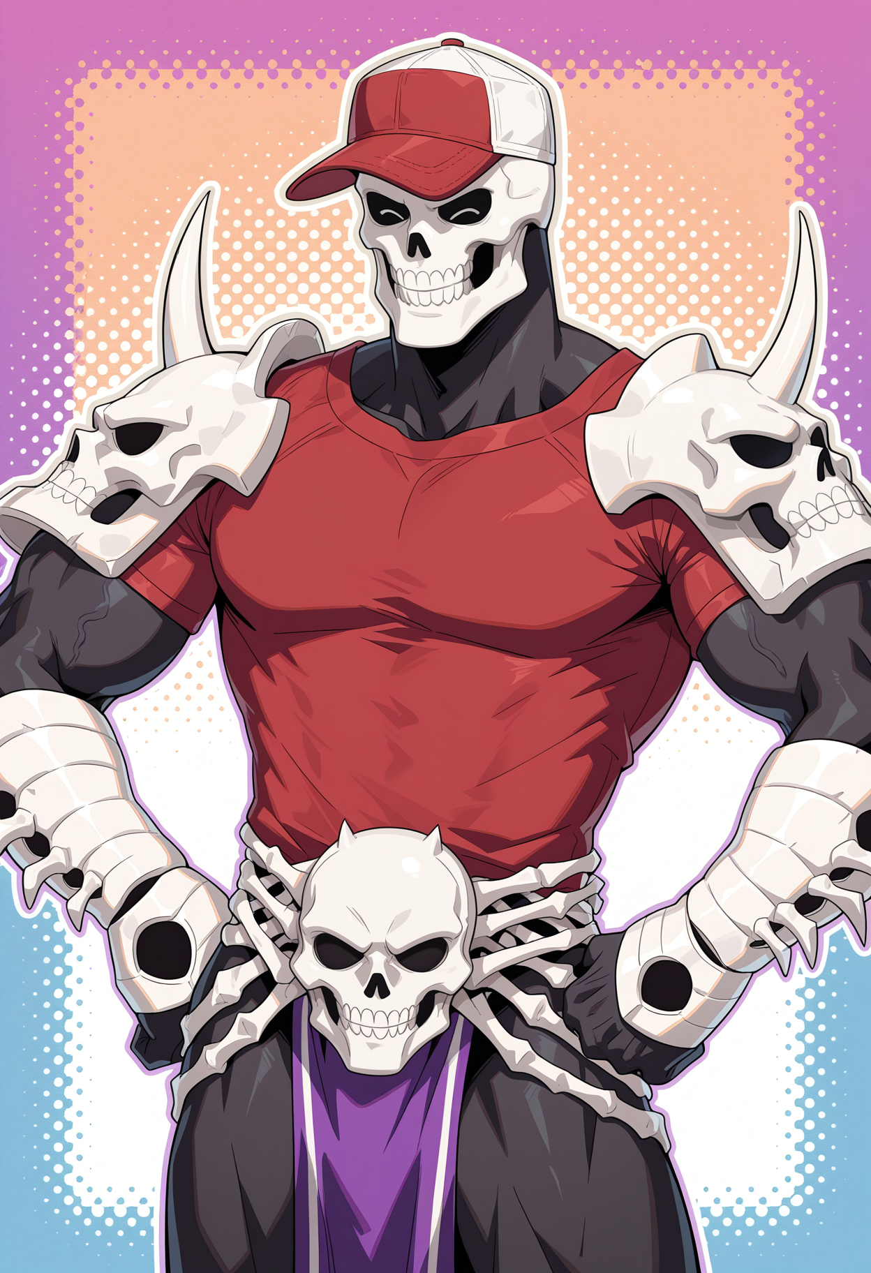 male focus, solo, 1 boy, sm4gedd0n, black skin, baseball cap, red shirt, armor, (full-length portrait:1.2), purple loincloth, muscular, beefy, pecs, broad shoulders, one hand on hip, abstract background, multicolored background, white line art,   perfect anatomy, masterpiece, perfect quality, best quality, detailed, newest, very aesthetic    <lora:Skullmageddon_RiverCityGirls_V1_ILXL_r1:0.9000000000000001>