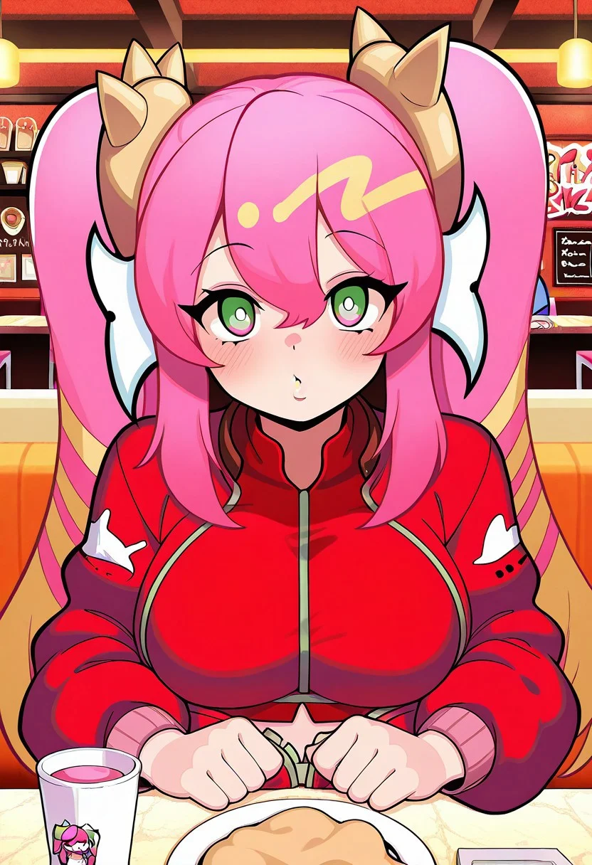 1girl, LiveTwinKi-sikilYu-Gi-Oh, general, solo, pov dating, straight-on, long hair, pink hair, twintails, large breasts, spike, red jacket, open jacket, crop top, dating, sitting, looking at viewer, restaurant, table, cup, , masterpiece, best quality, amazing quality, (( blowing pink bubblegum )),<lora:kp_LiveTwinKi-sikilLil-laYu-Gi-OhIllustrious_v1_0:1.0>