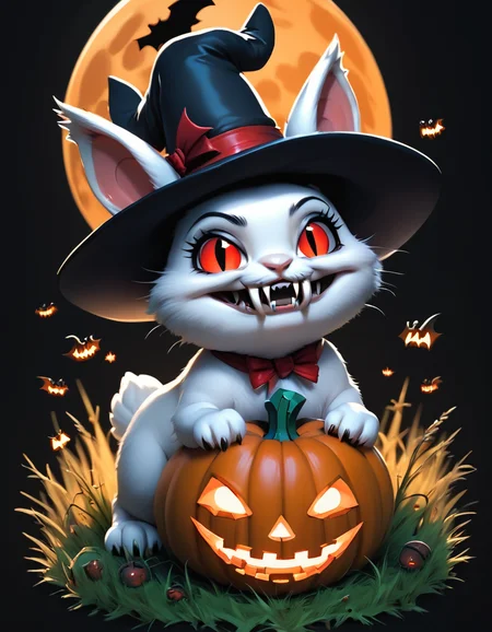score_9, score_8_up, score_7_up, the cutest little (vampire:1.6) bunny rabbits, big fangs, grass, full moon, grave black hat, pumpkin, cross, black background, plain background