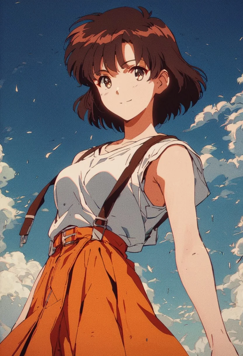 score_9, score_8_up, score_7_up, score_6_up, source_anime, 
1girl,Megumi <lora:KatoMegumi:1>,brown hair,katou megumi,brown eyes, short hair, orange skirt, medium breasts, in motion, equipment, straps, wind, stands spectacularly,beautiful angle, epic, atmospheric,high detail, looking at viewer, 
multi-layered background aura magical glow,  knva, halftone effect, retro artstyle, <lora:Kenva:0.8>, soft smile