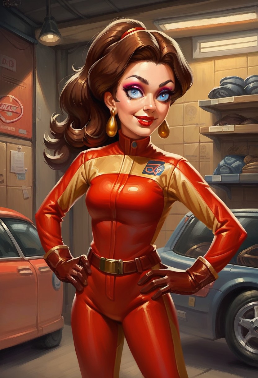 score_9_up, score_8_up, score_7_up, score_6_up, 1girl, solo, A3ro_Paul1ne, brown hair, long hair, ponytail, blue eyes, red lips, eyeshadow, earrings, bodysuit, red gloves, belt, hands on hips. smile, garage interior, painted art, realistic