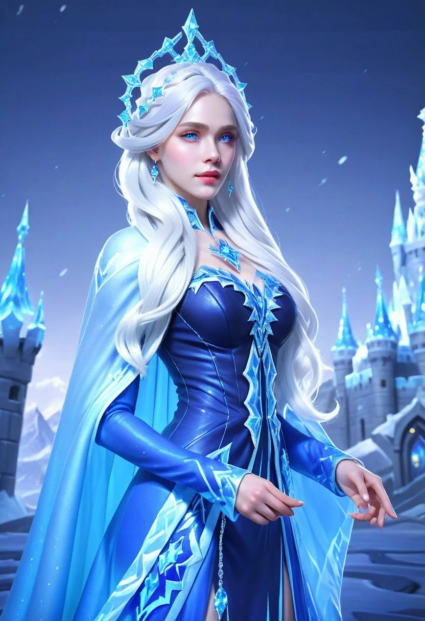 Hyper realistic portrait, Masterpiece, ultra Hd, trending on art station, cinematic lights, Aurora mobile legends( Long flowing white hair, blue eyes, blue iced rhombus shaped ornaments cape, cropped side waist, iced ornaments, blue ice crown, blue iced high eels, ice castle as background, dynamic pose hand above, chill, blue iced classy dress, detailed dress, detailed ice, detailed face, detailed eyes, detailed pupils, detailed fingers, detailed hair, detailed iced ornaments, OverallDetail, extremely detailed, Aurora mobile legends, SK_CINEMATIC, By bad artist