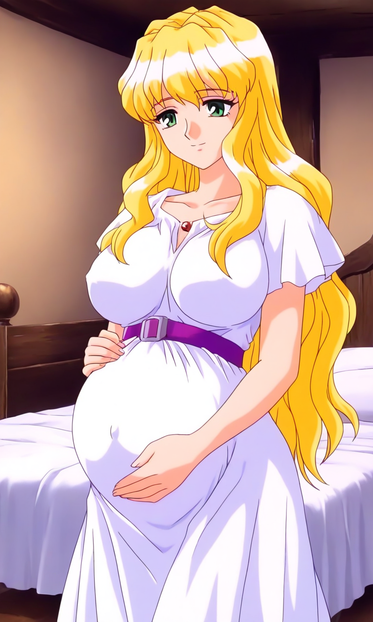 general,highres, ultra-detailed,very aesthetic,best quality ,best hands, BREAK <lora:Sayless_YU-NO_OVA_IS:1>
Sayless(OVA), 1girl, solo, blonde hair, long hair, green eyes, bangs, large breasts, 
standing, nsfw,  pregnant, large breasts,  light smile,
white dress, purple belt,
hand on own stomach,
bed sheet, room, fantasy.