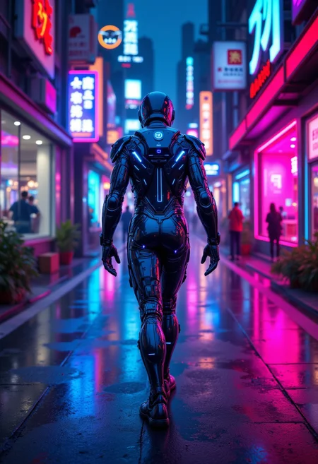 A holographic chrome-plated android, its circuits glowing with an eerie blue light, stands amidst a neon-drenched cityscape. Its synthetic skin shimmers with iridescent tattoos, and it wears a sculpted exosuit that pulsates with bioluminescent energy. The android's presence seems to distort the neon reflections, making them bleed and flow like liquid fire Itas adorned with holographic symbols that shift in and out of focus, displayed with sparks of neon Peach and Dark, as if itas about to detonate in a flash of color. , aidmafluxpro1.1