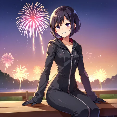 score_9, score_8_up, 1girl, xion, solo, flat chest, small breasts, , xion watching the fireworks, night, short hair, black hair, black coat, wide hips, narrow waist, closed coat, zipper, black pants, black gloves <lora:XionSDXL:1> <lora:BlushySDXL:1>, takeda hiromitsu style, smiling, fireworks, festival, twilight town, village, sitting on a bench watching the fireworks