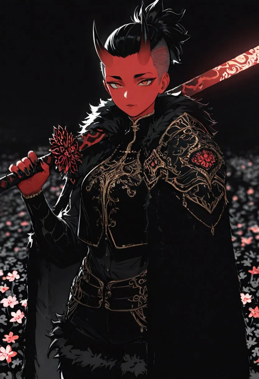 masterpiece, best quality, good quality, very awa, newest, highres, absurdres, 1girl, limited palette,
BREAK
sexy, slutty, hot, aroused,
Aka-Oni, oni, colored skin, red skin, smooth horns, black horns
BREAK
flirting:2.0, flower,
BREAK
(EyesHD:1.2), (4k,8k,Ultra HD), masterpiece, best quality, ultra-detailed, very aesthetic, sharp focus, depth of field, ray tracing, best lighting, detailed illustration, detailed background, cinematic, beautiful face, beautiful eyes,
BREAK
black hair, undercut hair, slicked back hair, short ponytail, black eyebrows,detailed eyes, facial hair, beard, high collar shirt, dark shirt, black trim, gold trim, fur cloak, black cloak, long cloak, shoulder armor, fur-trimmed pants, holding weapon, weapon over shoulder, looking at viewer, facing viewer full color, sidelighting, tomboy,