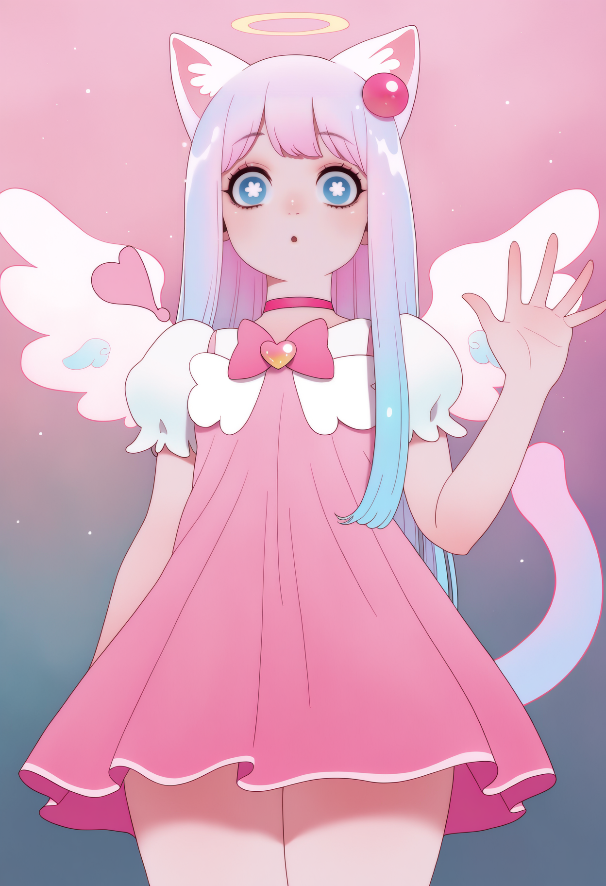 best quality, amazing quality, very aesthetic, absurdres,
1girl, angel wings, animal ears, blue eyes, cat ears, cat girl, cat tail, dress, long hair,
looking at viewer, magical girl, pink hair, pink theme, solo, tail, waving, wings, yume kawaii, yume ne,  <lora:KyoungHwanKimNoobLocon_byKonan:1>