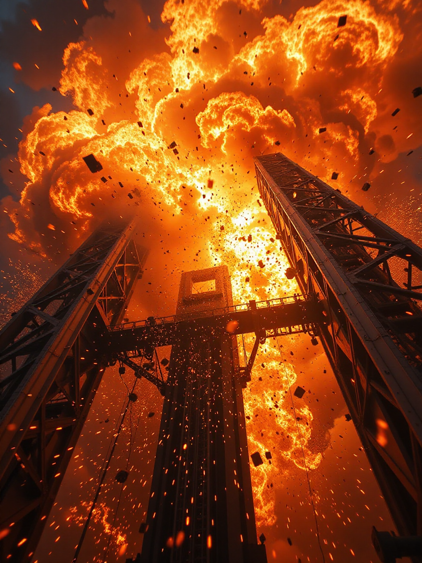 Closeup shot inside the heart of the space elevator explosion, the scene starts with a slow, ominous groan from the structure, followed by a burst of energy as a shockwave detonates. Metal panels buckle and twist right in front of the camera, with burning pieces of the elevator shooting past. Flames erupt all around, sending sparks and glowing embers into the frame. The sound is deafening, with layers of roaring fire and screeching metal filling the air, while the sky turns into a fiery inferno. Explosions ripple outward, causing the camera to shake and distort, capturing every detail of the destruction up close as debris flies by and smoke clouds billow intensely.
