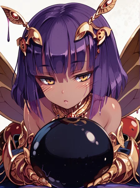 (expressive eyes), (Masterpiece), 1girl, (mge artstyle), Khepri, arthropod limbs, dark skin, gold, beetle wings, purple hair, head ornament, Slime ball, girl on slime, opaque slime, black slime, close up, (score_9, score_8_up, score_7_up), <lora:V5.1_retrain:1.0>