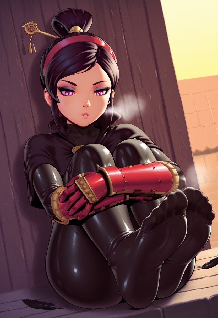 apostle,  outdoors, undershirt, falling feathers, black bodysuit, hair stick, hugging own legs, , gauntlets,   eyeshadow,   red gloves,  high ponytail,  , black capelet, red hairband, pink eyes, 1girl, solo, feet, visible breath,   dynamic angle, foreshortening, smell, steam,