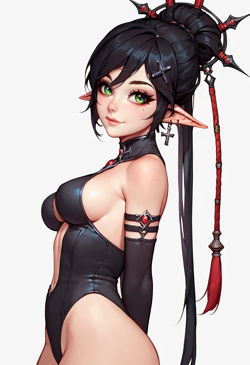 score_9, score_8_up, score_7_up, score_6_up, 1girl, solo, <lora:Layna:1> Layna, green eyes, black hair, elbow gloves, hair ornament, pointy ears, cross earrings, detailed eyes, perfect face, perfect eyes, sexy, sexy girl, beautiful eyes, petite body, thick thighs, medium breasts, standing, arms behind back, posing, light smile, simple background, from below, dynamic angle