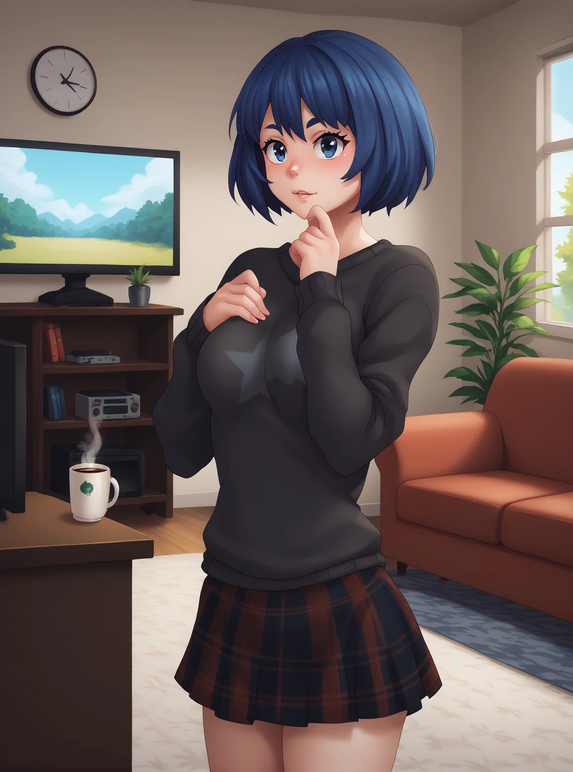 score_9, score_8_up, score_7_up, masterpiece, best quality, pixel perfect, Smooth Anime Night, BREAK
beautiful face, 1girl, solo, breasts, standing,
Minami, blue eyes, blue hair, short hair, black sweater, plaid skirt, indoors, living room, couch, television, coffee table,
<lora:Pony_DetailV2.0:1> <lora:OtherStyle_03:0.5><lora:Anime_Screencap:1><lora:Minami:1>