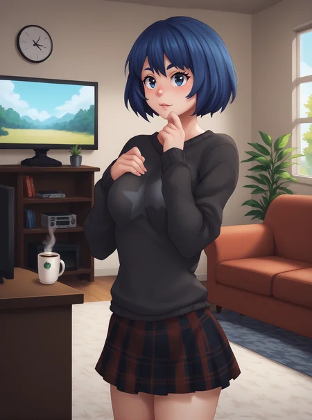 score_9, score_8_up, score_7_up, masterpiece, best quality, pixel perfect, Smooth Anime Night, BREAK
beautiful face, 1girl, solo, breasts, standing,
Minami, blue eyes, blue hair, short hair, black sweater, plaid skirt, indoors, living room, couch, television, coffee table,
<lora:Pony_DetailV2.0:1> <lora:OtherStyle_03:0.5><lora:Anime_Screencap:1><lora:Minami:1>