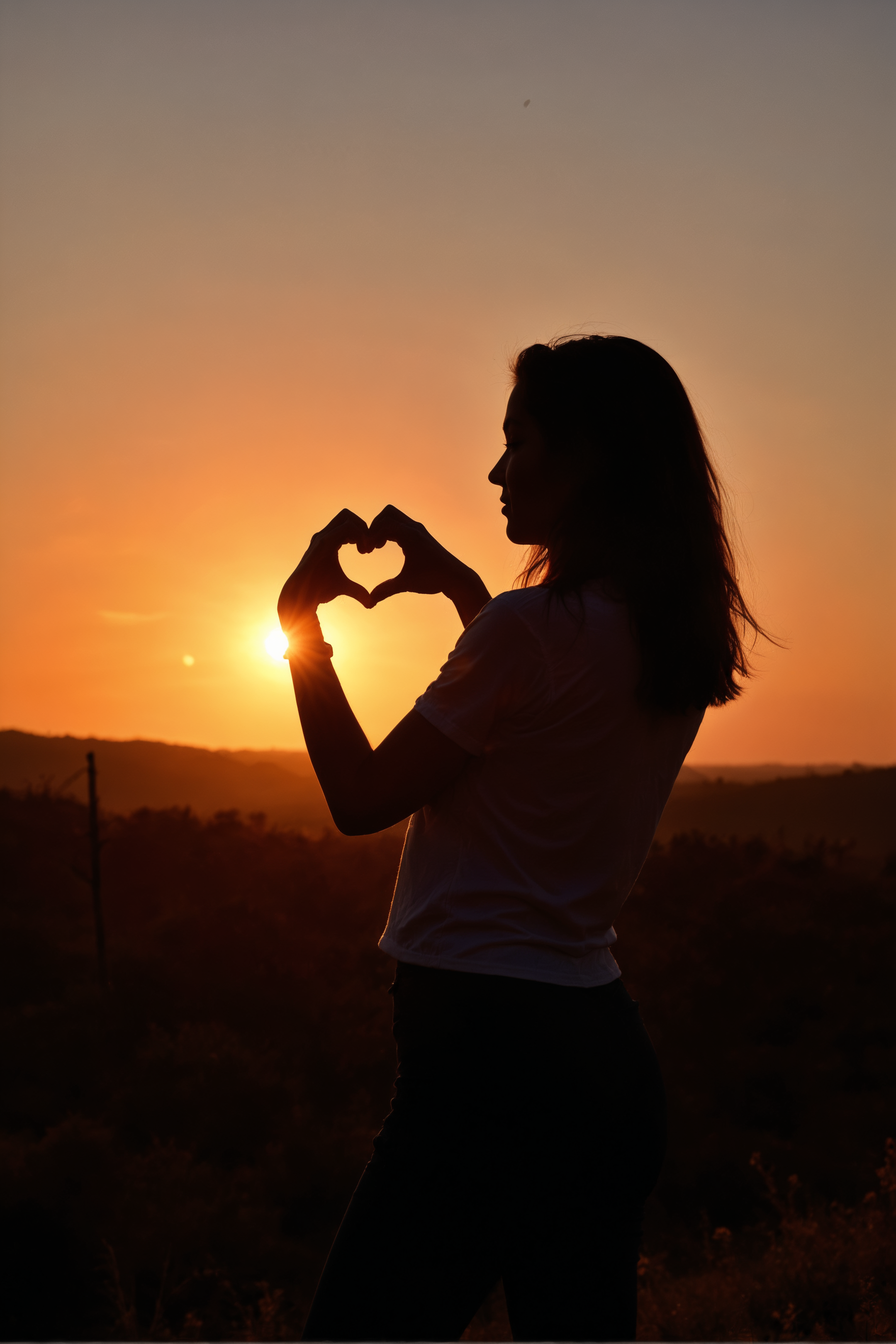sunset, silhouette, woman, heart shape, hand gesture, warm colors, outdoor, dusk, sky, creative pose, backlit, soft focus, landscape, golden hour, tranquility, leisure activity, nature, serene, orange tones, casual attire