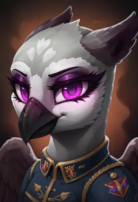masterpiece, score_9, score_8_up, score_7_up, score_6_up, (best quality:1.1), ultra-detailed, high resolution, 1girl, princess sköldsvärd, corrupted, black beak, evil, (((beautiful detailed purple eyes))), glowing eyes, Long eyelashes, griffon, eyeshadow, WWII German uniform, military, portrait, abstract background, high quality, sharp, the quality of ai art is frightening, highly detailed, (beautiful detailed eyes), Long eyelashes, Highly Visible, from Equestria at War, (((8k))), sharp focus, perfect lighting, beautiful eyes, long eyelashes, anatomically correct, extremely detailed, shine on body, high detail, cute, Expressiveh, detailed background, OverallDetail, zPDXL2
