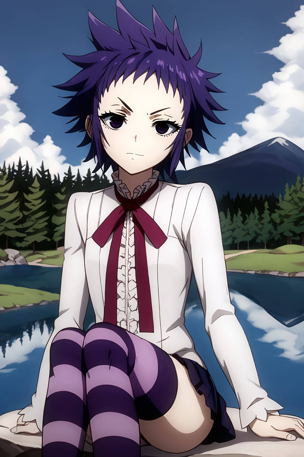 sharp focus, pixiv masterpiece, intricate details,  expressionless, source_anime,  score_9_up, score_8_up, score_7_up, score_9, looking at viewer, 
, highres,, 1girl,solo, remarkable, absurd res, sunny, forest,   <lora:roadkamelot_PonyXL_0.3:1>, roadkamelot, cowboy shot, mini-skirt, neck_ribbon, white blouse, striped_stockings, evil grin, eyelashes, lake, pine trees, sitting, rock