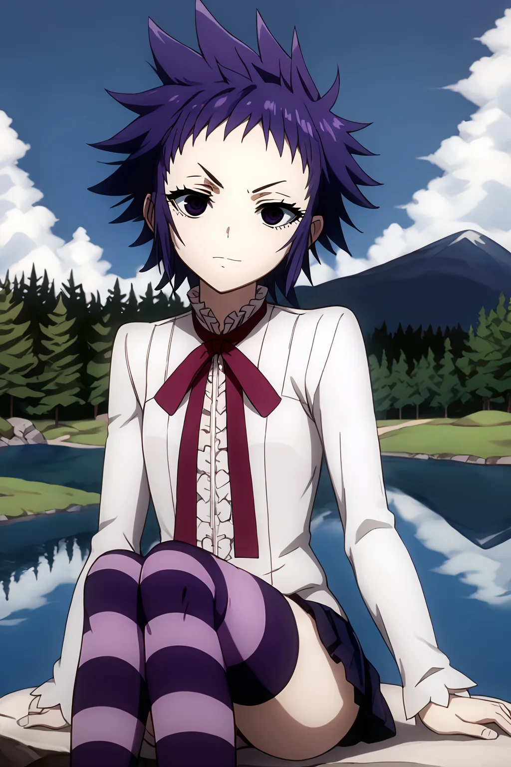sharp focus, pixiv masterpiece, intricate details, expressionless, source_anime, score_9_up, score_8_up, score_7_up, score_9, looking at viewer,
, highres,, 1girl,solo, remarkable, absurd res, sunny, forest, <lora:roadkamelot_PonyXL_0.3:1>, roadkamelot, cowboy shot, mini-skirt, neck_ribbon, white blouse, striped_stockings, evil grin, eyelashes, lake, pine trees, sitting, rock
