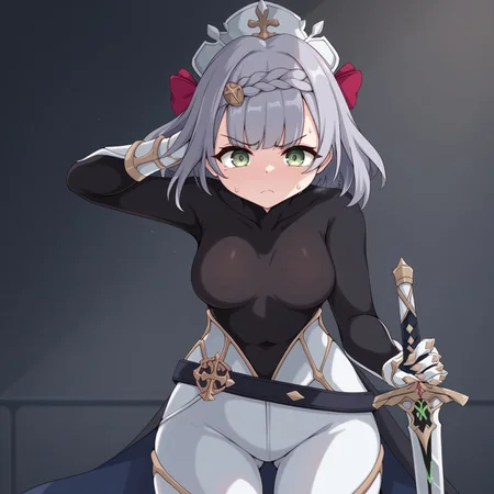 score_9, 1girl, noelle_(genshin_impact), solo, white pants, white gloves, determined, serious face, black and white outfit, black shirt, shirt tucked in, dynamic pose, green eyes, black hair ribbon, sweat, sword, holding sword,