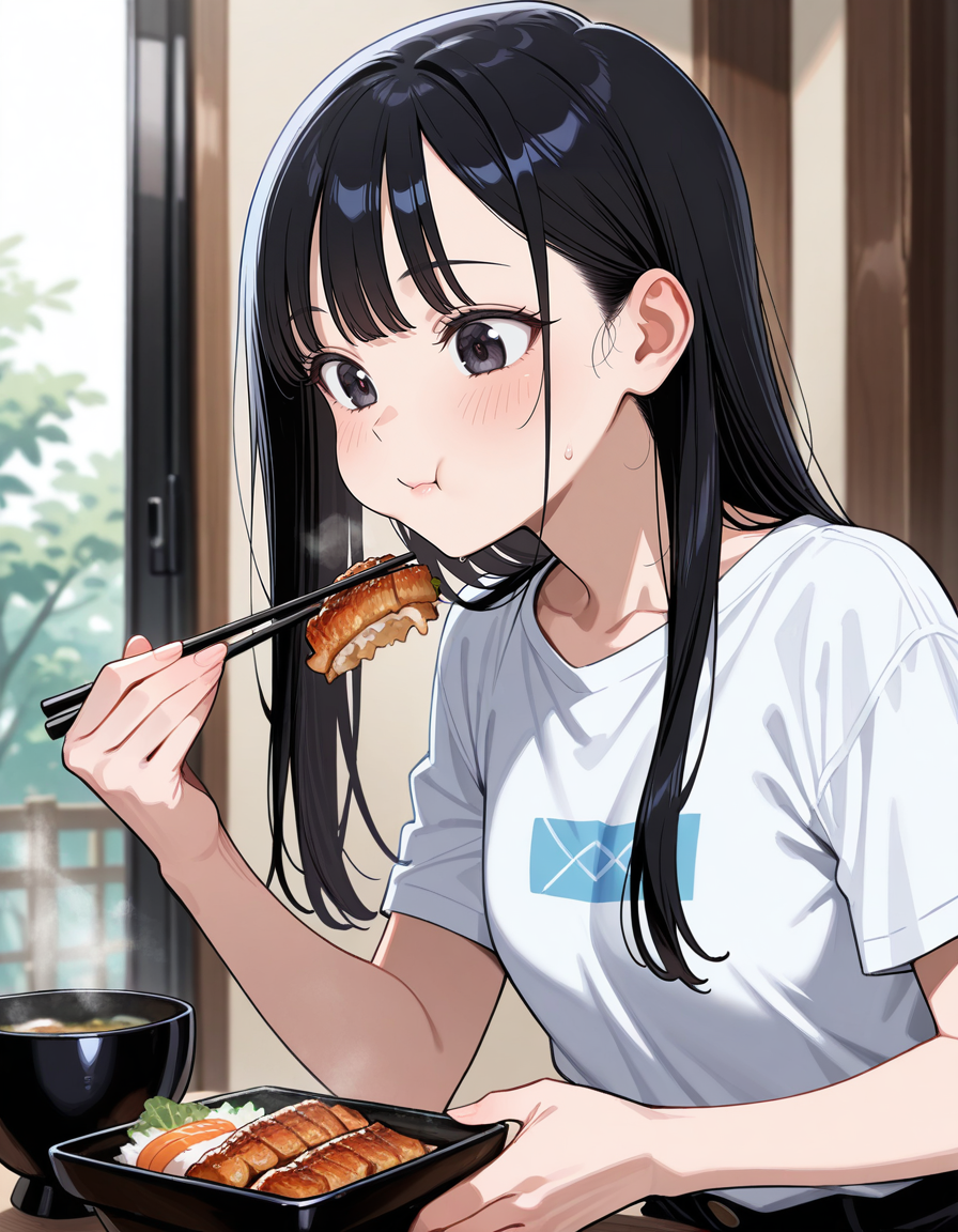 score_9, score_8_up, score_7_up, anime, solo, 1girl, one girl,
Black hair, (chest length hair:1.2), Straight Hair, bangs, one tucked behind ear, black eyes, feature large highlight, feature double highlights, shaped eyeblow,
sensitive,
<lora:donburimono:0.8>, donburimono, chopsticks, eating unadon,
(masterpiece:1.3), best quality, high resolution, unity 8k wallpaper, (illustration:1.2), 8K,