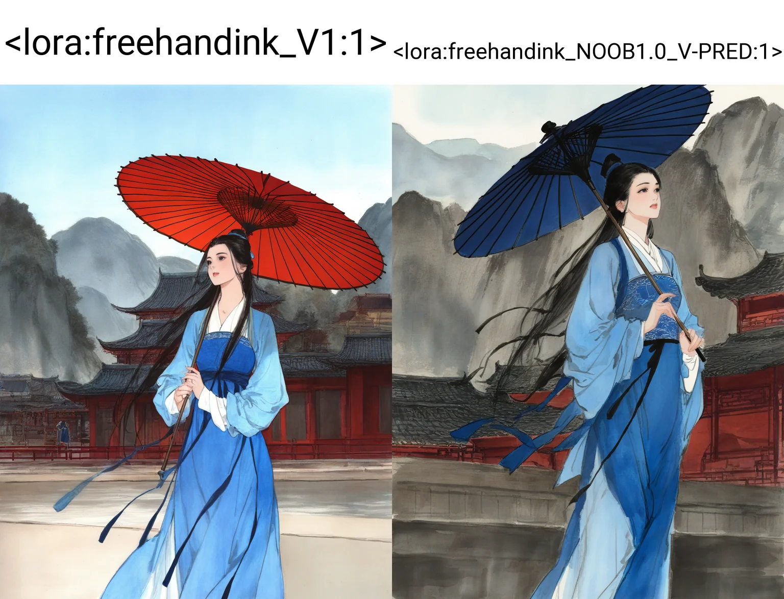 1girl, solo, long hair, black hair, long sleeves, dress, holding, standing, outdoors, black eyes, blue dress, chinese clothes, umbrella, holding umbrella, oil-paper umbrella, east asian architecture, hanfu, traditional media
masterpiece, absurdres,
<lora:freehandink_V1:1>