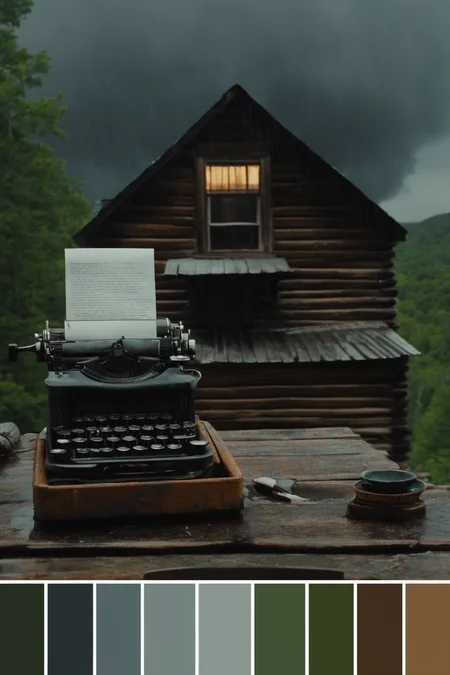 <lora:Cinema Color Palette:1>Color Palette - A rustic cabin in the Appalachian mountains. A lone writer types on an old typewriter, as a thunderstorm rages outside.