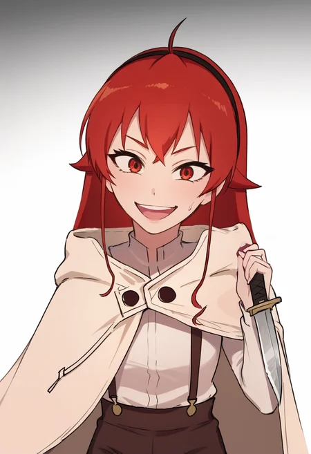 source_anime,anime screencap, anime coloring,source_anime,intricate details,rating_explicit, masterpiece, best quality,(best quality, absurd res, ultra detailed),,(4 finger:0.5),1girl, ((solo)),  good eyes,perfect eyes,,detailed eyes, zPDXLxxx , zPDXL3, OverallDetail,detailed, detailed face, cave, front view, <lora:add-detail-xl:2>, 
BREAK <lora:eris_-_giga:1>, eris, red hair, long hair, bangs, red eyes, ahoge, hairband, white shirt, vest, brown shorts, hoodie,  <lora:gesugao_v1_unpruned:1> gesugao, constricted pupils, evil smile, open mouth, holding knife, knife