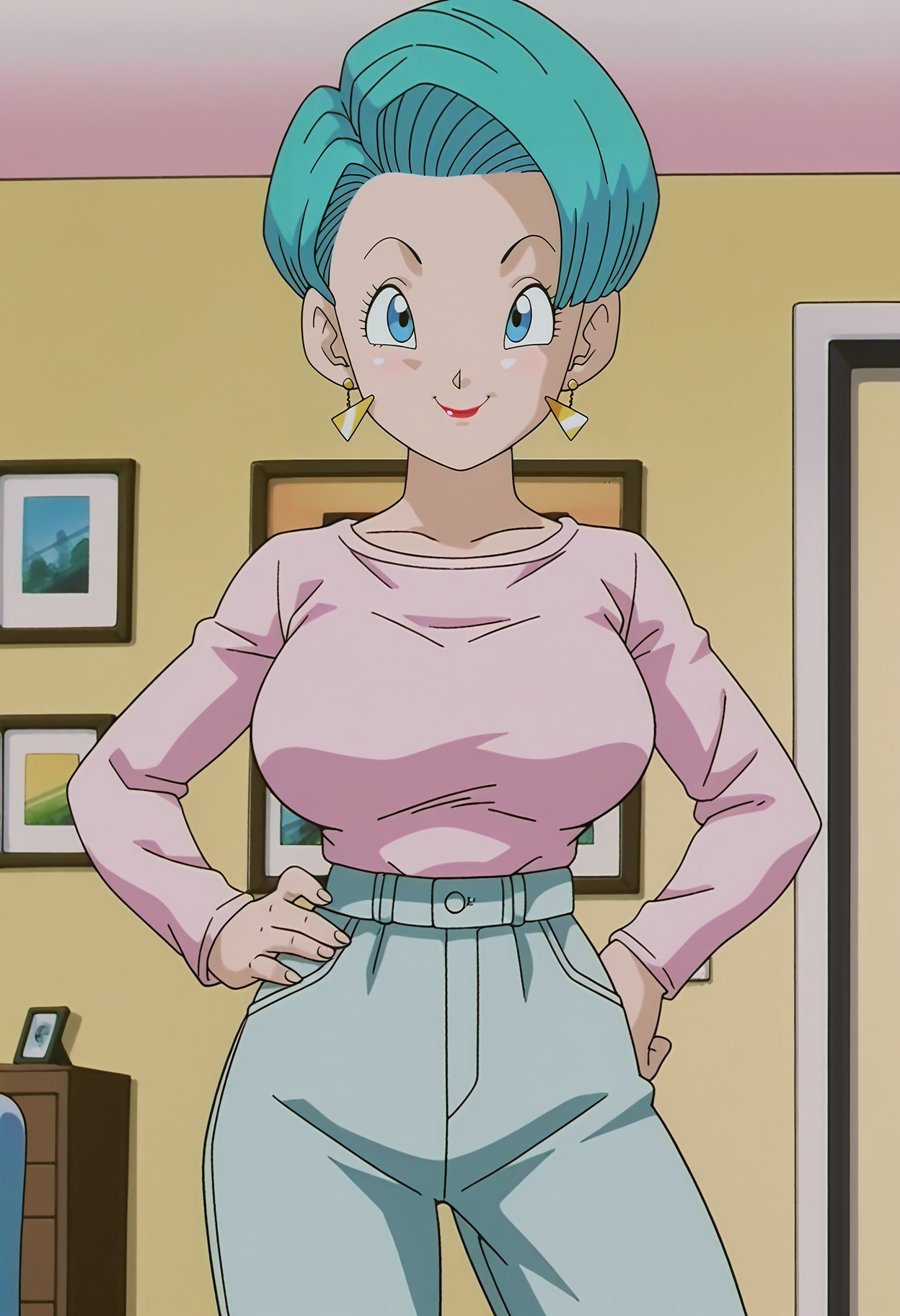 1girl,solo,mm,mature female,earrings,short hair,blue eyes,aqua hair,lipstick,anime coloring,
large breasts,shirt,pants,cowboy shot, hand on own hip, looking at viewer, smile, indoors, 
,masterpiece,best quality,amazing quality,<lora:Bulma-Dragon_Ball_GT_ix:1>