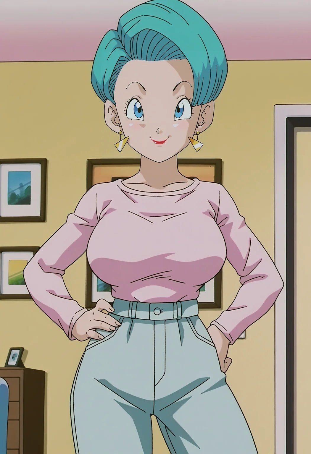1girl,solo,mm,mature female,earrings,short hair,blue eyes,aqua hair,lipstick,anime coloring,
large breasts,shirt,pants,cowboy shot, hand on own hip, looking at viewer, smile, indoors,
,masterpiece,best quality,amazing quality,<lora:Bulma-Dragon_Ball_GT_ix:1>