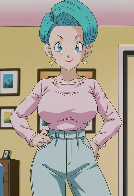 1girl,solo,mm,mature female,earrings,short hair,blue eyes,aqua hair,lipstick,anime coloring,
large breasts,shirt,pants,cowboy shot, hand on own hip, looking at viewer, smile, indoors,
,masterpiece,best quality,amazing quality,<lora:Bulma-Dragon_Ball_GT_ix:1>