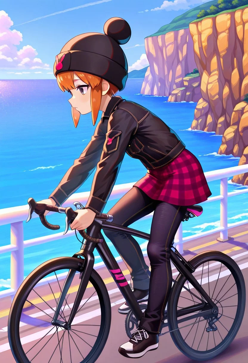 masterpiece, best quality, absurdres, 1girl, female focus, solo, usagi_kurokawa, brown eyes, beanie, black headwear, hat ornament, orange hair, bangs, short hair, sidelocks, short hair with long locks, denim jacket, black jacket, collared jacket, breast pocket, long sleeves, skirt, plaid skirt, pants under skirt, black jeans, jeans, sneakers, black footwear, road bicycle, handlebars, bicycle saddle, riding bicycle, street, cliff, railing, coast, downhill, ocean, outdoors, from side