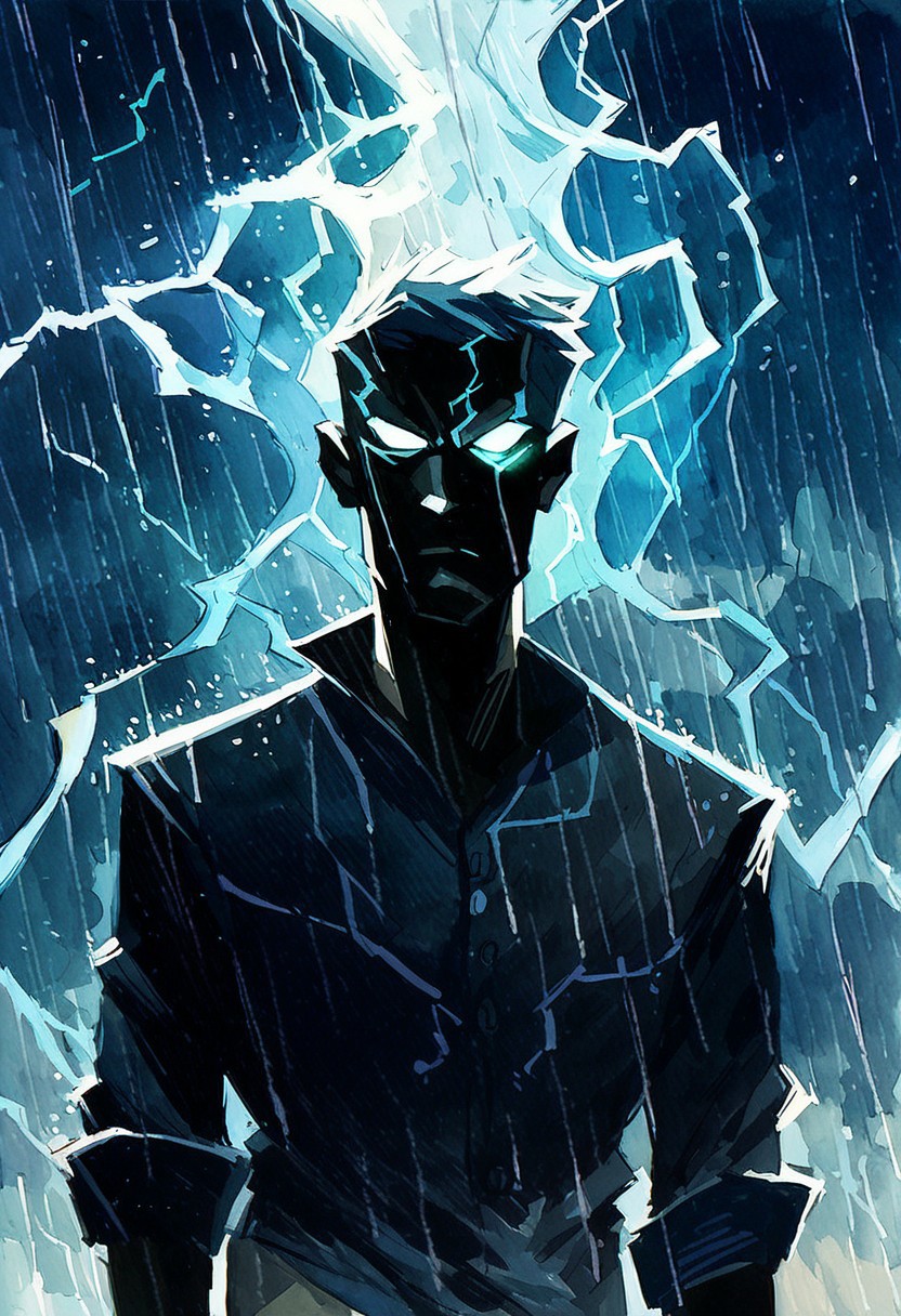 score_9, score_8_up, score_7_up, score_6_up, 1boy, watercolor painting, cowboy shot, man filled with electricity, white glowing eyes, lightning
serious look on face, eye contact, 
expressive,
outside, rain, blue glowing background
black linework, storm clouds