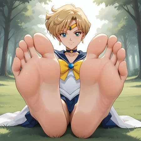 score_9, score_8_up, BREAK, (masterpiece:1.4), (best quality:1.2), solo, perfect anatomy, accurate anatomy, perfect feet, perfect soles, PONYXL_WaifuFeetPics_ownwaifu, solo, Sailor Uranus, blonde short hair, sailor senshi uniform, circlet, darkblue skirt, darkblue sailor collar, yellow bowtie, darkblue choker, white gloves, sexy pose, self portrait, smile, outdoors, sunlight, shadows, evening lighting, natural lighting, forest, trees, grass, orange sky, sunset, (((sitting, barefoot, foot focus, feet, soles)))